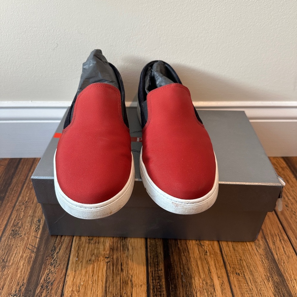 Prada red slip on sneaker
